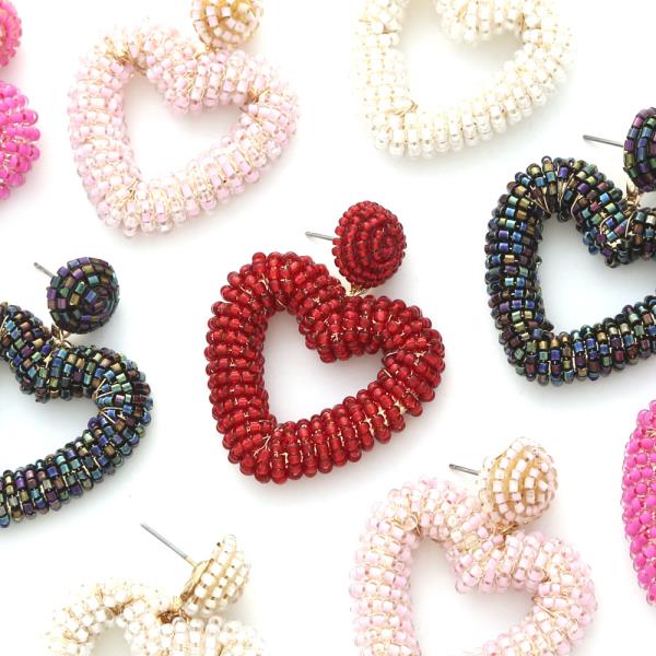 SEED BEAD HEART DANGLE EARRING