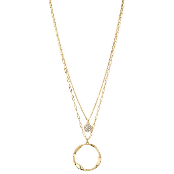 PAVE METAL ROUND PENDANT LAYERED NECKLACE