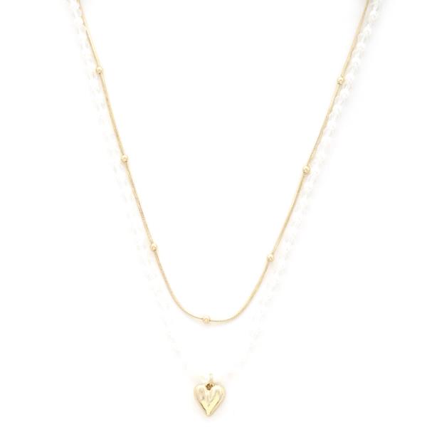 SODAJO HEART CHARM PEARL BEAD LAYERED GOLD DIPPED NECKLACE