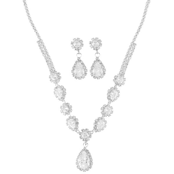 RHINESTONE CZ FLOWER TEARDROP EARRING AND NECKLACE SET