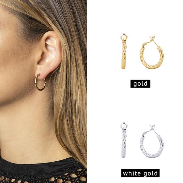 14K GOLD / WHITE GOLD DIPPED OMEGA CLOSURE TEXTURED HOOP EARRING