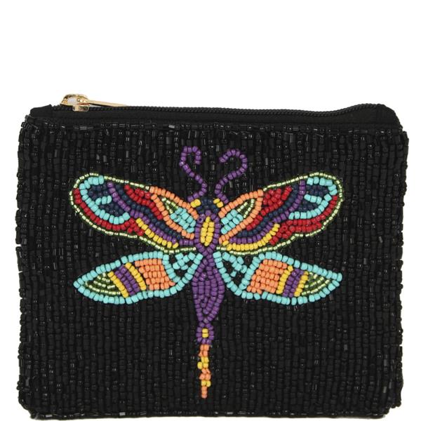 MULTI COLORED DRAGONFLY FULL SEED BEAD ZIPPER BAG