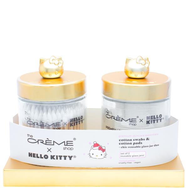 THE CREME SHOP X HELLO KITTY COTTON SWABS AND COTTON PADS SET W CHIC REUSABLE GOLD GLASS JAR