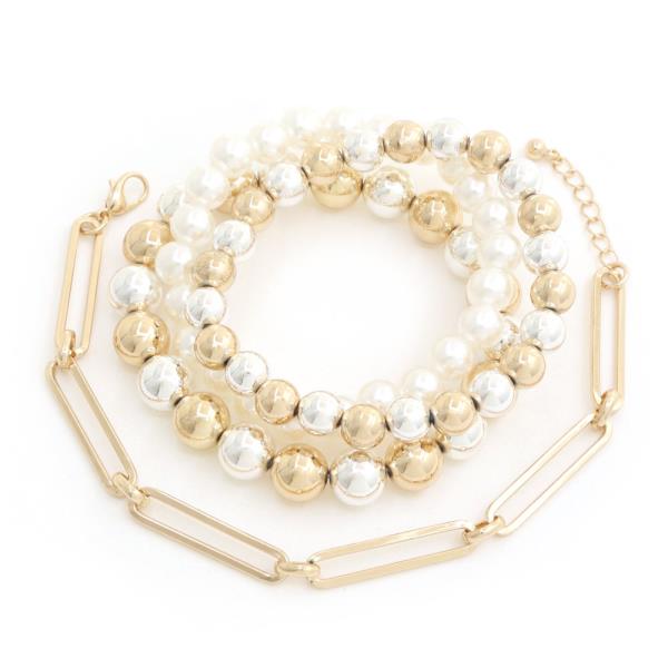 PEARL BEAD METAL LINK BRACELET SET