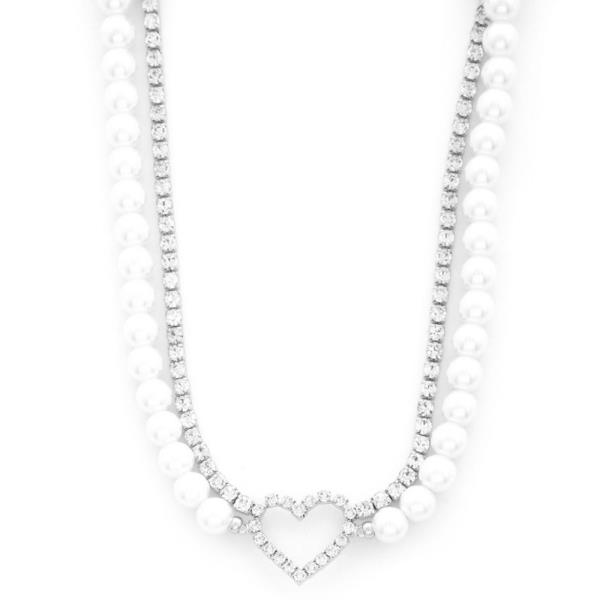 HEART RHINESTONE PEARL BEAD NECKLACE