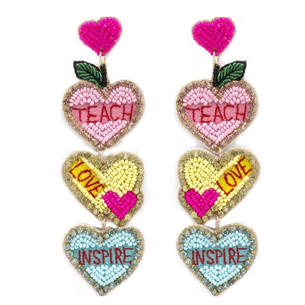 SEED BEAD HEART TEACHER LOVE DANGLE EARRING