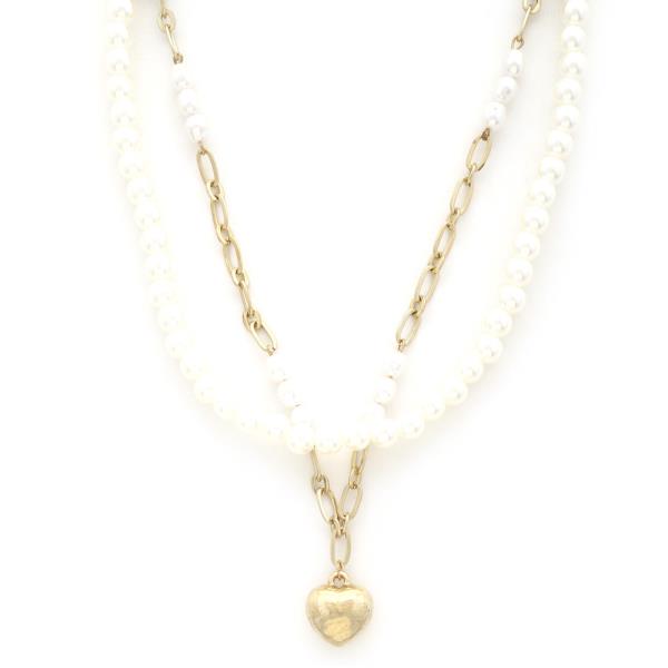 SODAJO PUFFY HEART CHARM PEARL BEAD LAYERED NECKLACE