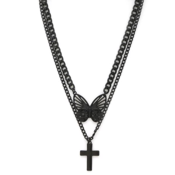 BUTTERFLY CROSS PENDANT LAYERED NECKLACE