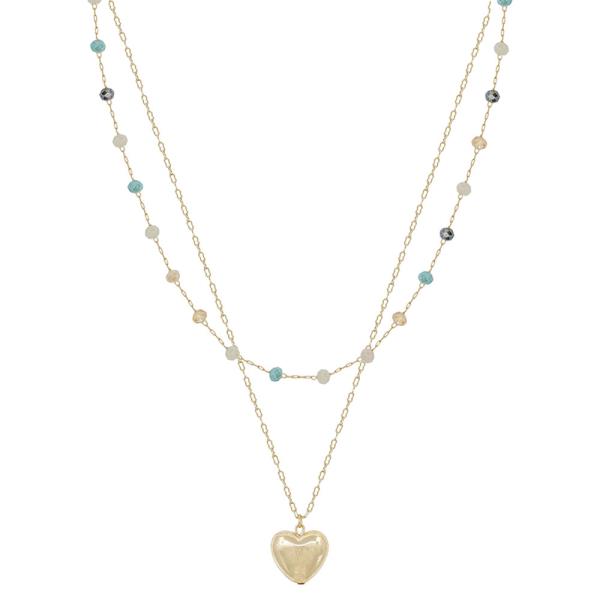 BEADS CHAIN WITH HEART METAL PENDANT SHORT NECKLACE