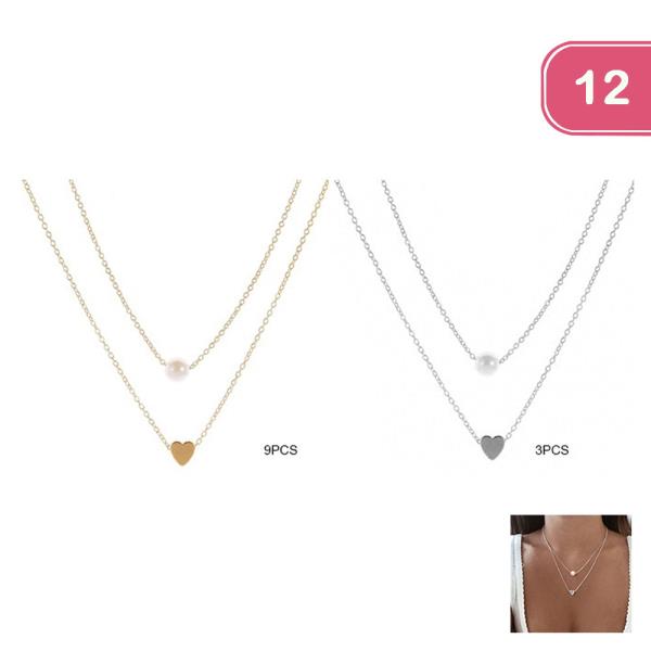 FASHION HEART PEARL DOUBLE LAYER NECKLACE (12UNITS)