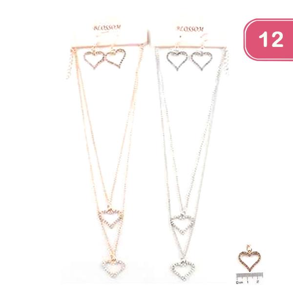 FASHION 2 LAYER HEART NECKLACE EARRING SET (12UNITS)