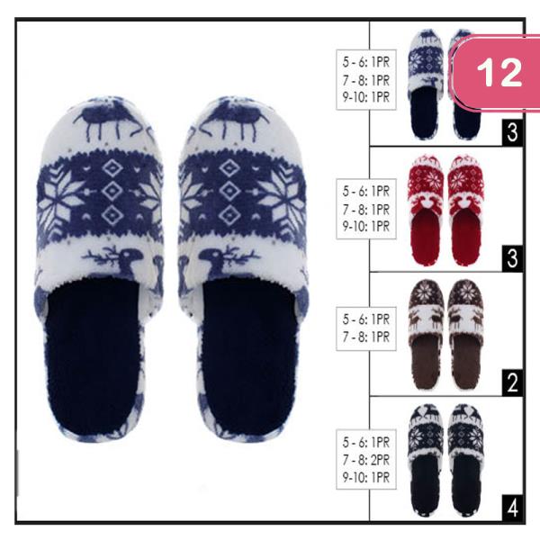 REINDEER AND SNOWFLAKE ASSORTED COLOR SLIDE SLIPPERS (12 UNITS)