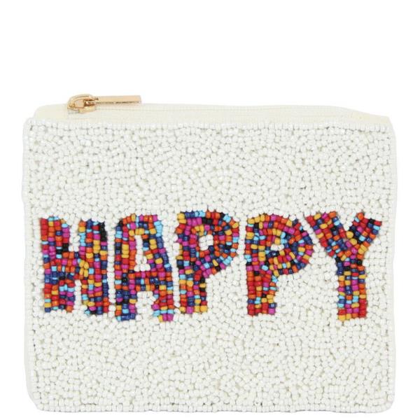 WHITE HAPPY THEME FULL SEED BEAD ZIPPER BAG