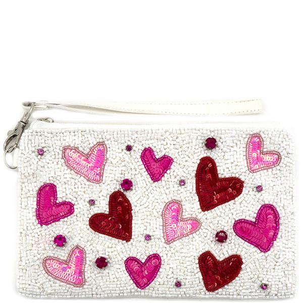 HEARTS THEME FULL SEED BEAD ZIPPER BAG