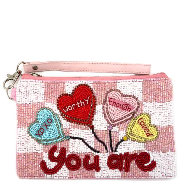 YOU ARE HEARTS MESSAGE THEME FULL SEED BEAD ZIPPER BAG