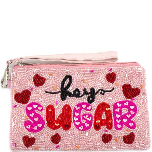 HEY SUGAR HEARTS THEME FULL SEED BEAD ZIPPER BAG