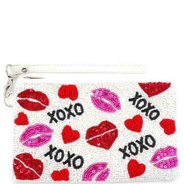 HEARTS XOXO KISS LIPS THEME FULL SEED BEAD ZIPPER BAG
