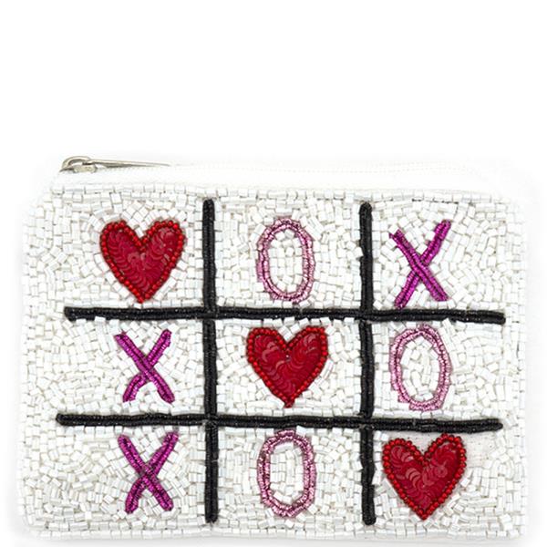 TIC TAC TOE HEARTS X O FULL SEED BEAD ZIPPER BAG