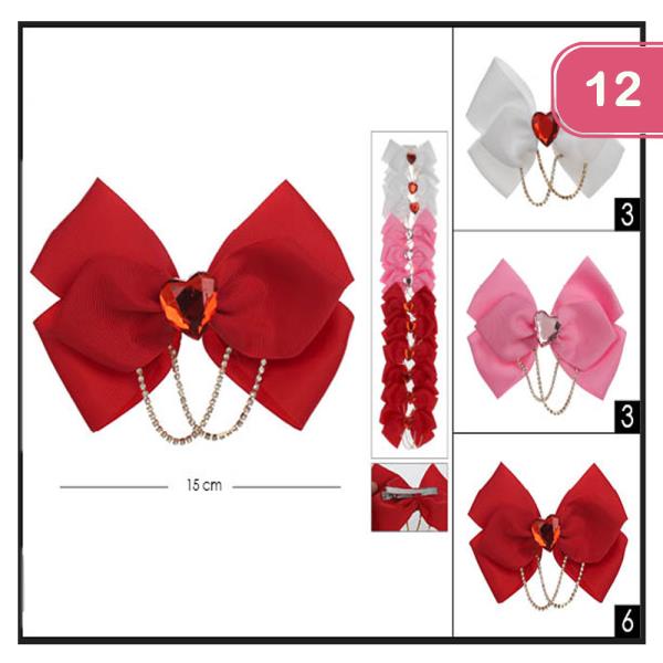 CRYSTAL HEART RHINESTONE CHAIN HAIR BOW (12 UNITS)