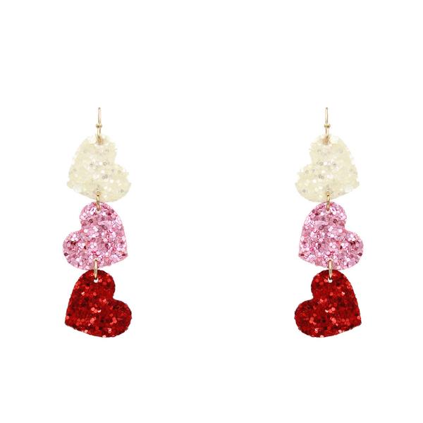 TRIPLE GLITTER HEART DANGLE EARRING