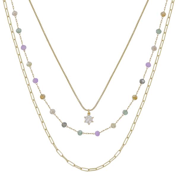 3 LAYERED CRYSTAL PENDANT ACCENT SHORT NECKLACE