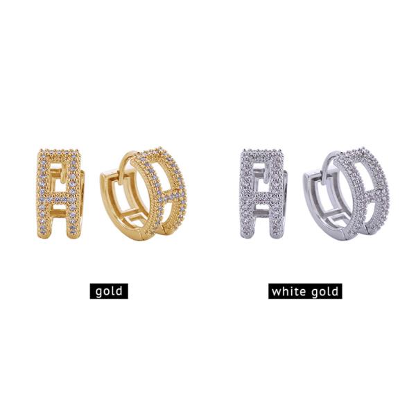 14K GOLD/WHITE GOLD DIPPED INITIAL H PAVE CZ HUGGIE EARRINGS