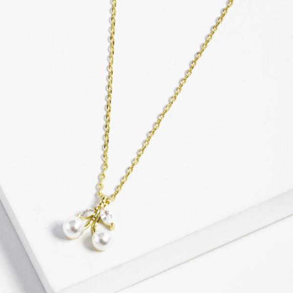 GOLD DIPPED CZ PEARL CHERRY METAL CHAIN NECKLACE