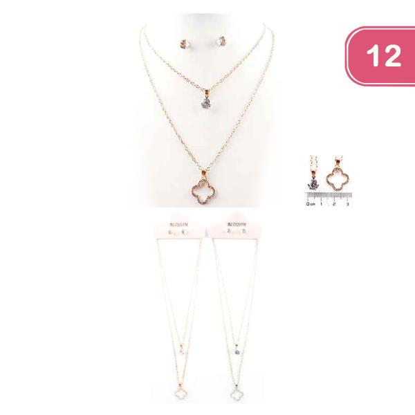 FASHION TWO LAYER CLOVER PENDANT EARRING SET NECKLACE (12 UNITS)