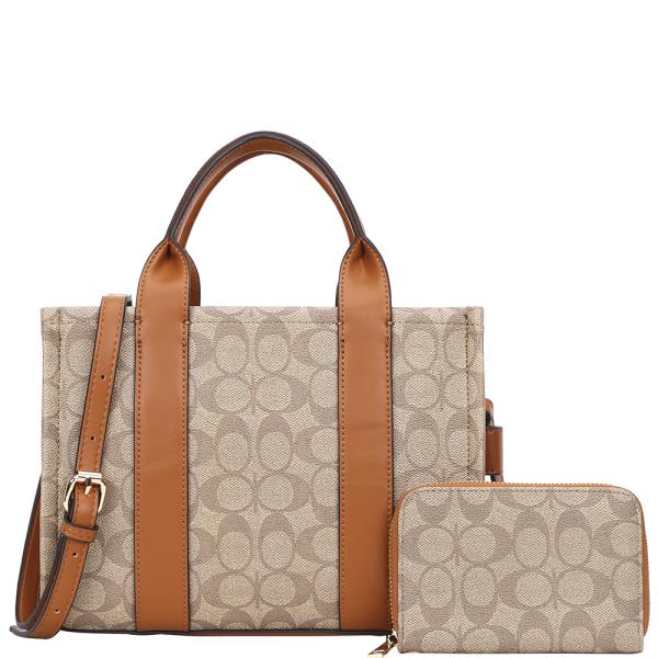 2IN1 OVAL PATTERN TONE SATCHEL BAG WITH WALLET SET