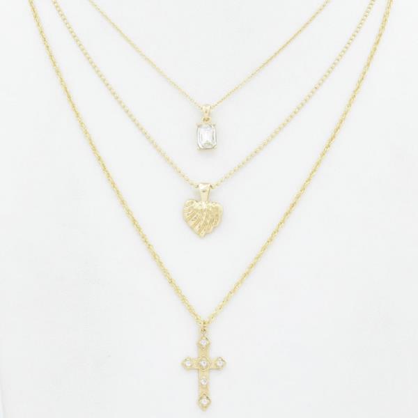 3 LAYERED METAL CHAIN CROSS PENDANT NECKLACE