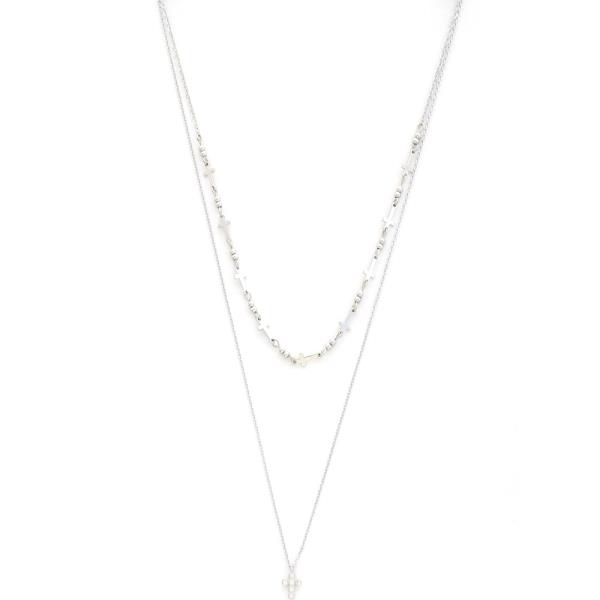 DAINTY CROSS CHARM CZ BRASS LAYERED NECKLACE