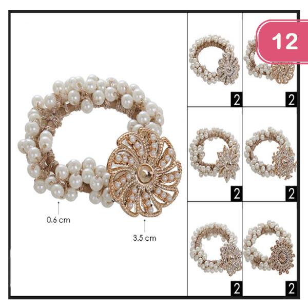 ASSORTED STONE AND PEARL CHARM PEARL HAIR TIE (12 UNITS)