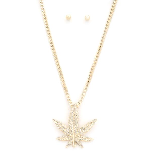 MARIJUANA LEAF PAVED RHINESTONE PENDANT NECKLACE EARRING SET