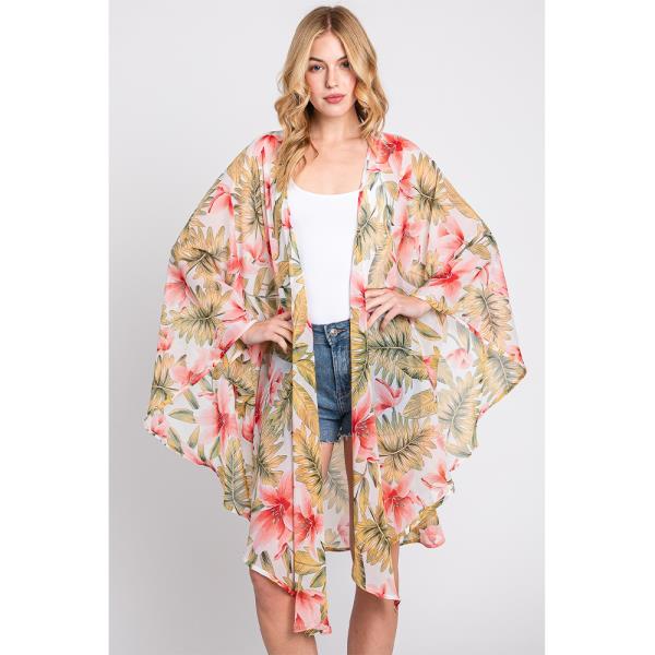 TROPICAL FLOWER LEAVES PRINT SHAWL COVER UP