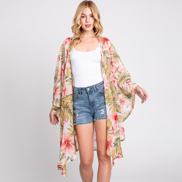 TROPICAL FLOWER LEAVES PRINT SHAWL COVER UP
