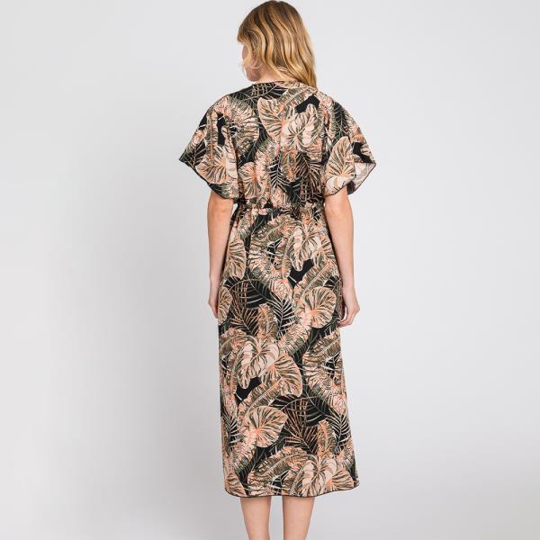 TROPICAL LEAVES PRINT SELF-TIE DRAWSTRING OPEN FRONT COVER UP