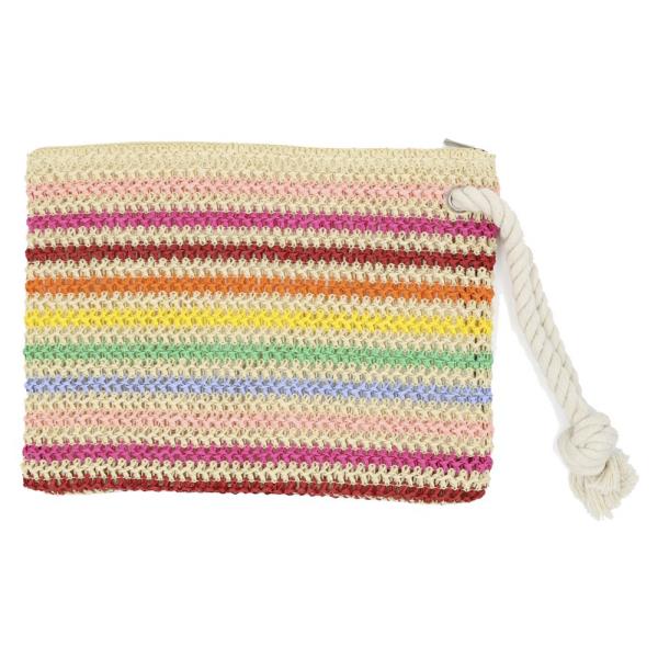 ROPE HANDLE MULTI COLOR STRIPED STRAW CROCHET POUCH