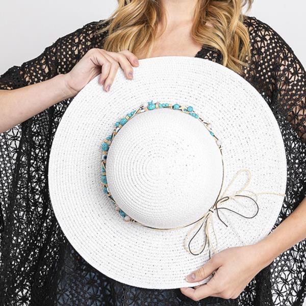 STRAW SUN HAT WITH EVIL EYE, STARFISH AND BEAD BAND