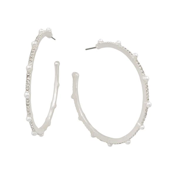 PAVE ACCENT PEARL METAL HOOP EARRING