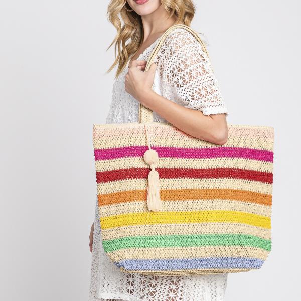 POM POM TASSEL MULTI COLOR STRIPED STRAW CROCHET TOTE BAG