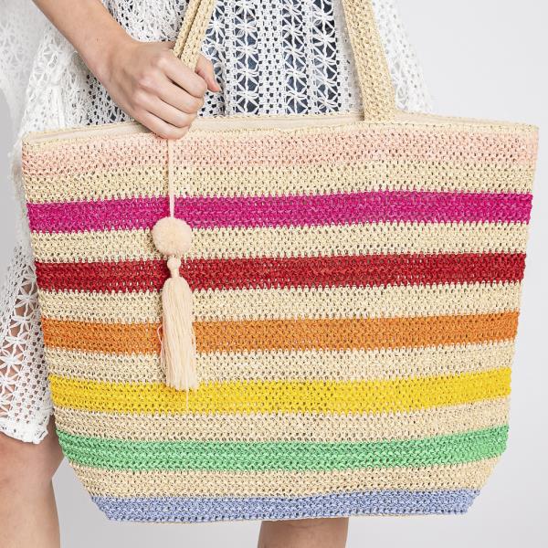 POM POM TASSEL MULTI COLOR STRIPED STRAW CROCHET TOTE BAG