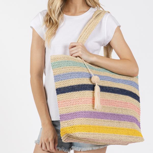 POM POM TASSEL MULTI COLOR STRIPED STRAW CROCHET TOTE BAG