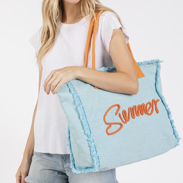 SEWN ROPE SUMMER LETTER FRINGED CANVAS BAG