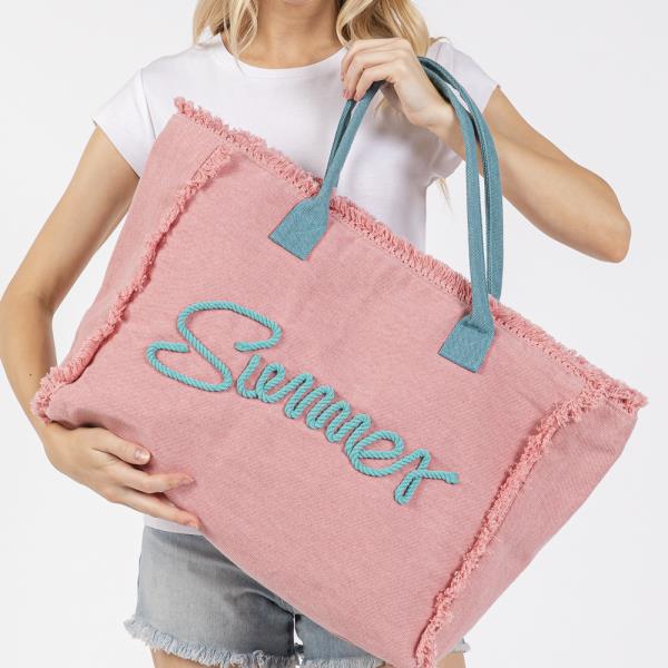 SEWN ROPE SUMMER LETTER FRINGED CANVAS BAG