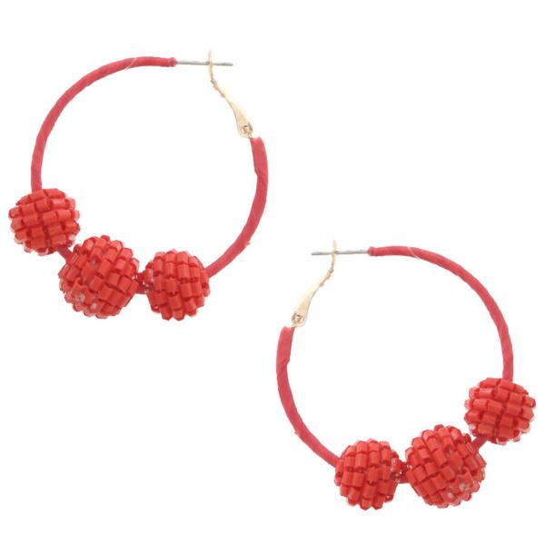 BEADED BALL RAFFIA WRAPPED HOOP EARRING