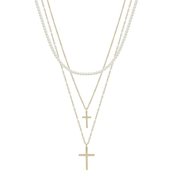 DOUBLE CROSS PENDANT PEARL LAYERED SHORT NECKLACE