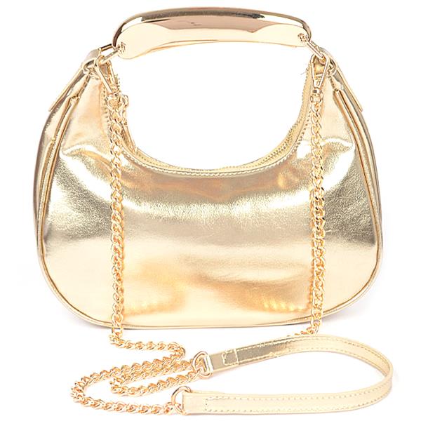 METALLIC FAUX LEATHER METAL TOP HANDLE CLUTCH BAG