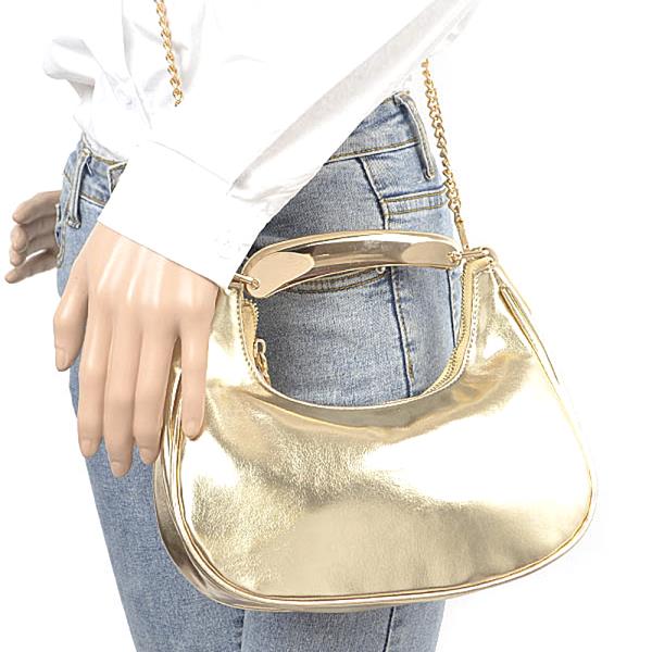 METALLIC FAUX LEATHER METAL TOP HANDLE CLUTCH BAG