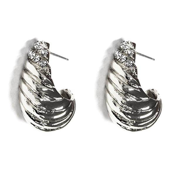 LINED CURVE TEARDROP RHINESTONE METAL EARRING