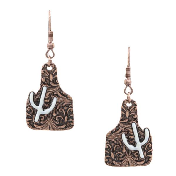 WESTERN FILIGREE PATTERN CACTUS COW TAG DANGLE EARRING